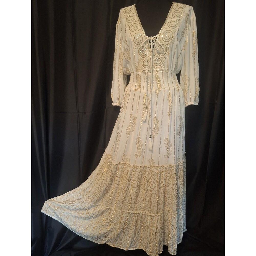 Me 2 Magic Cream Gold Maxi Dress Boho Goddess Festival Women’s 3X lace up front